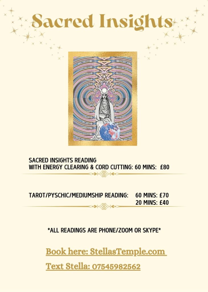 advert for my readings. Picture of The High Priestess and price list